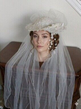 Ivory Embellished Bridal Veil Hat with Floral Appliqué